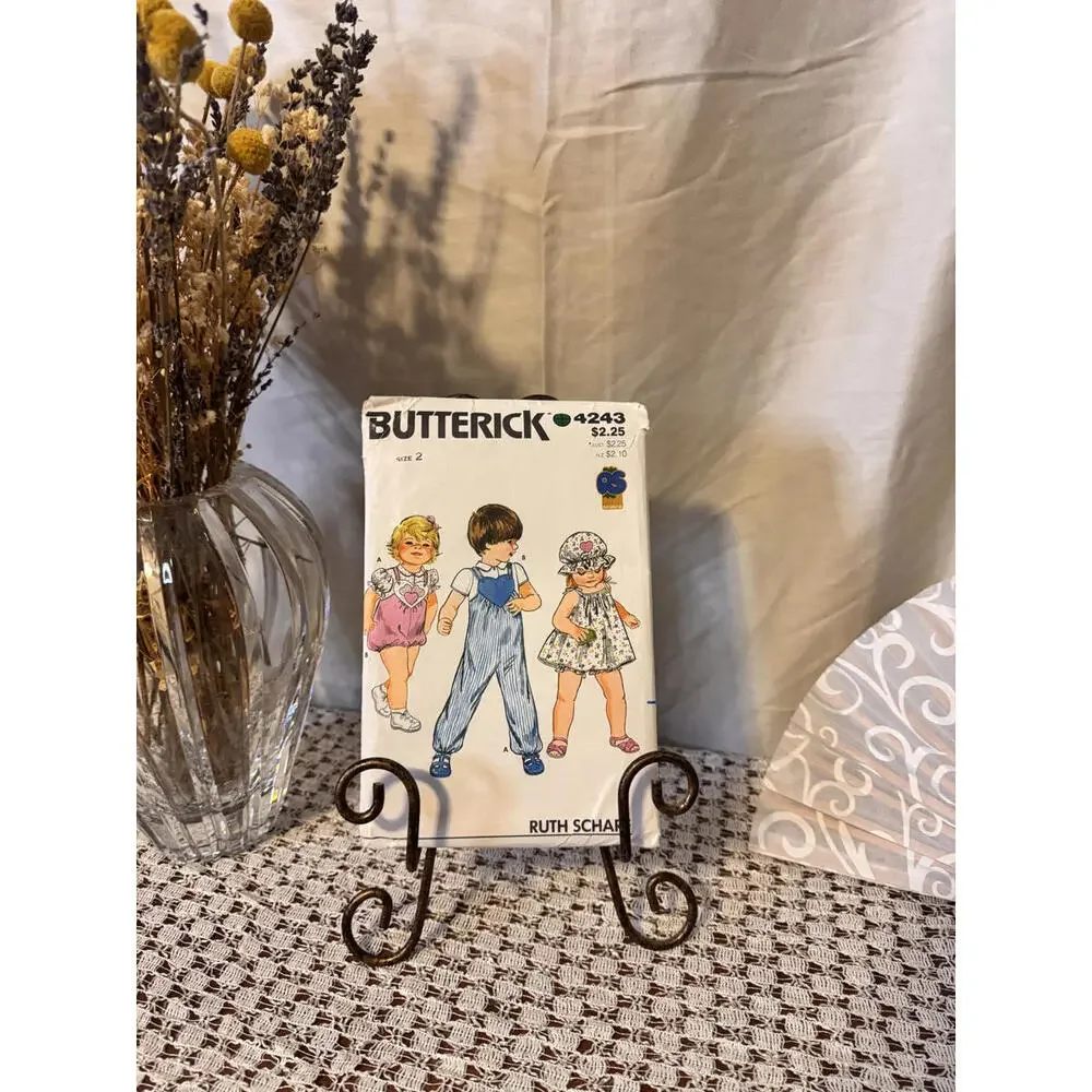 Rare Vintage Ruth Scharf Butterick 4243 Toddler Jumpsuit, Dress Hat Size 2 UNCUT